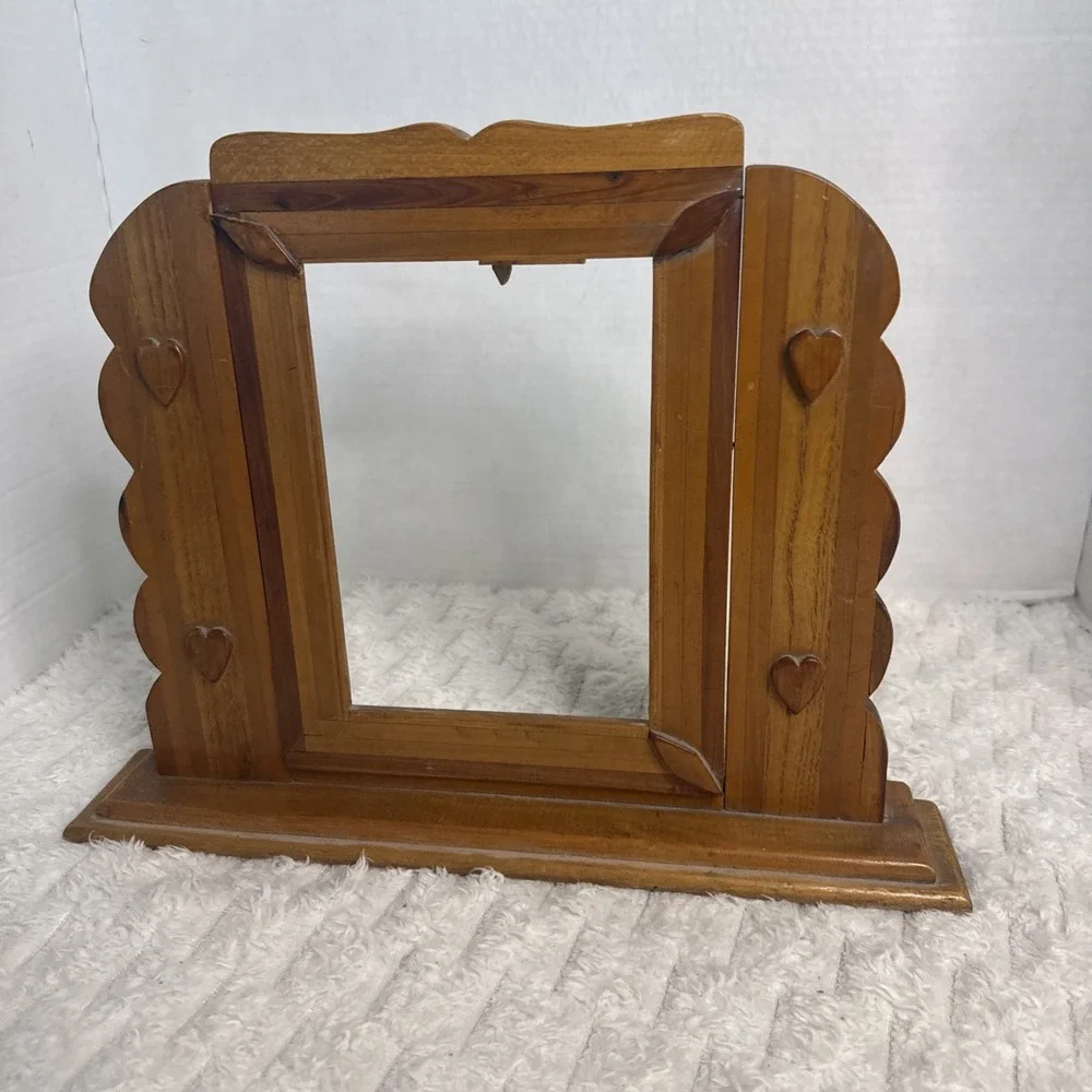 Authentic 1940s Signed Handcrafted Cedar Folk Art Picture Tabletop Frame Hearts